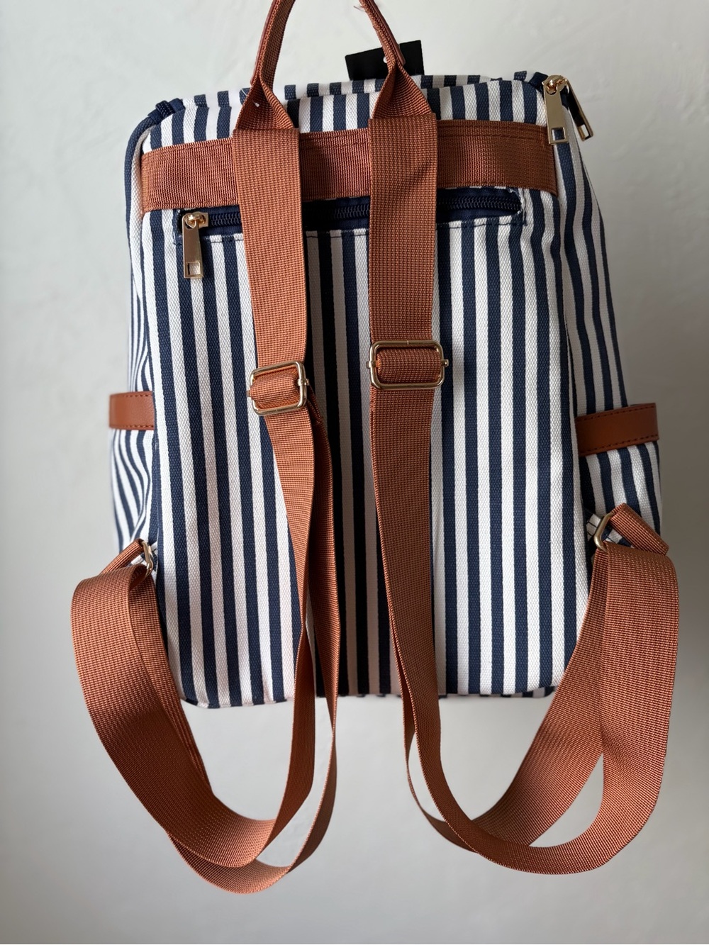 Kathy Ireland Navy White Striped Canvas Backpack Faux Leather Trim NWT - Picture 7 of 10